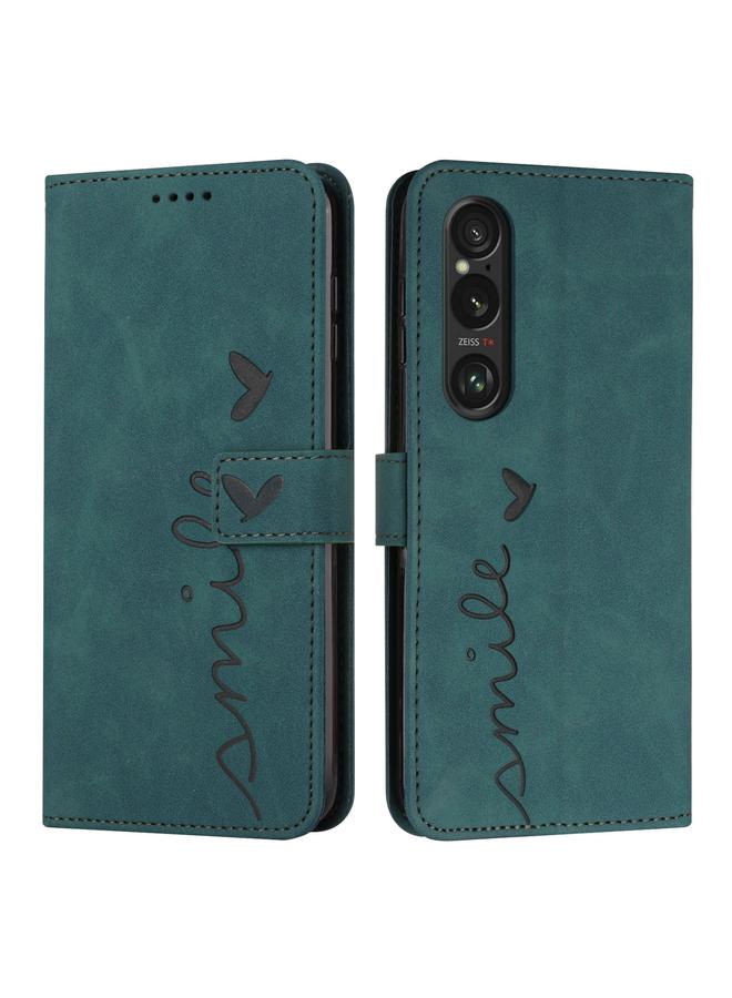 Green Tiger For Sony Xperia 1 VI Skin Feel Heart Embossed Leather Phone Case with Long Lanyard(Green)
