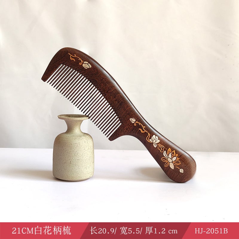 Generic Ebony Wood Comb Painted Massage Medium-Tooth 21CM white flower handle comb