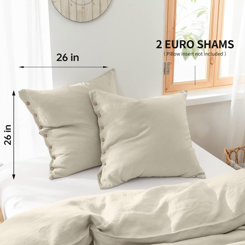 Simple&Opulence 100% Washed Linen Euro Sham Cover, 26 x 26 Inch, Decorative Bed Pillow Cover with Coconut Button, Solid Color Pillow Shams Set of 2 (Natural Linen) - Image 3