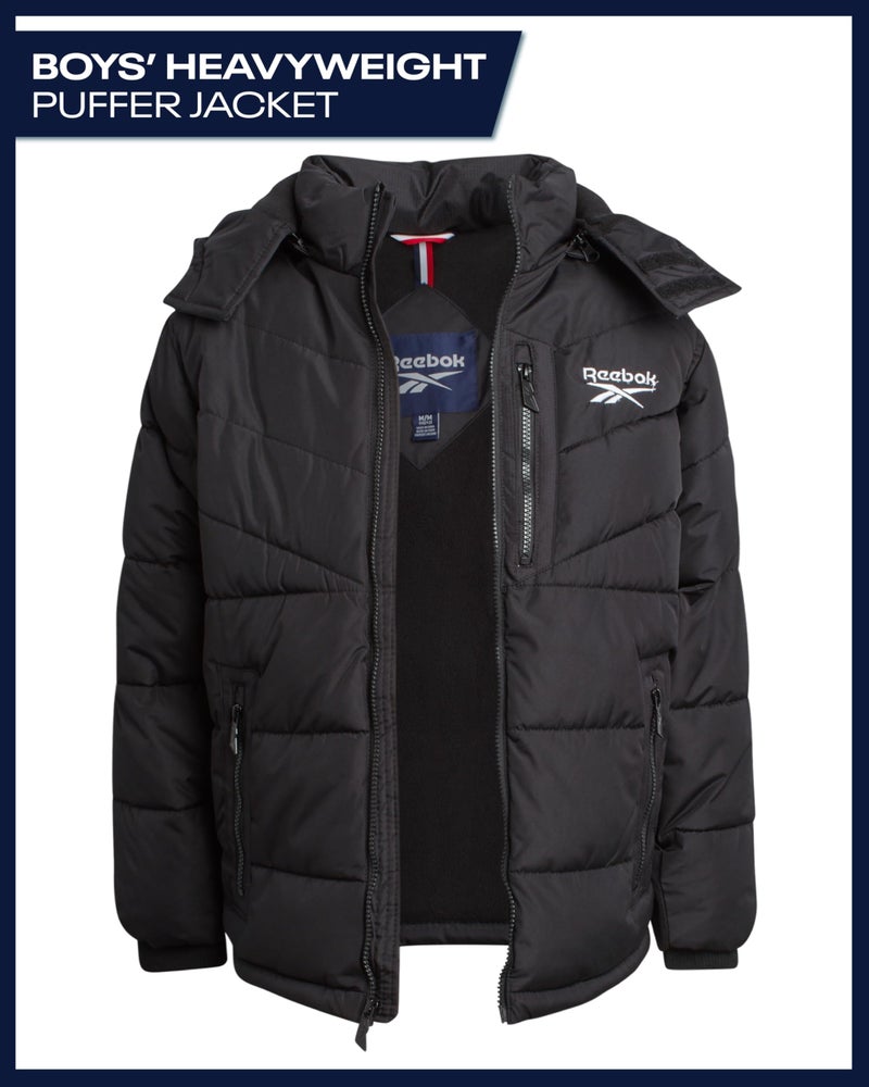 Reebok Boys Puffer Jacket - Heavyweight Quilted Water & Wind Resistant Boys Winter Coat - Fleece Insulated Kids Winter Jacket, Size 10-12, Black - Image 3