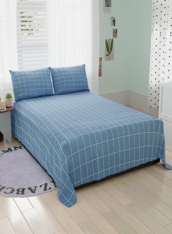 Belvostum Microfiber Checkered Double Bedsheet with 2 Pillows Covers 90x100 Inches (Blue) - Image 1