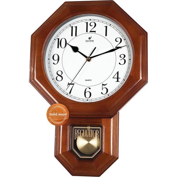 TRADITIONAL SCHOOLHOUSE SOLID WOOD PENDULUM WALL CLOCK CHIMES HOURLY WITH WESTMINSTER MELODY CHIME MADE IN TAIWAN DARK WOOD WWESTMINSTER CHIME
