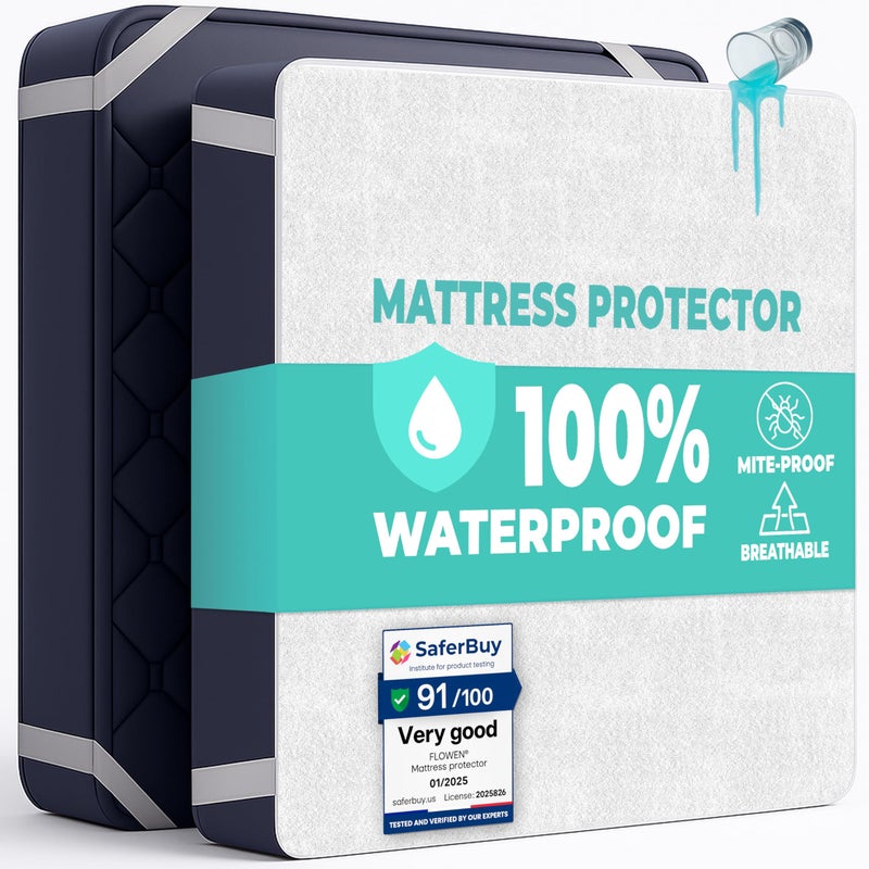 Flowen واقي مرتبة مائي مفرد 90x200 سم غطاء سرير قطن تيري فاخر مع أشرطة مرنة ناعم وقابل للتنفس واقي مرتبة علوي مضاد للعثة مضاد للحساسية وقابل للغسل في الغسالة