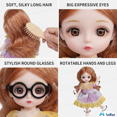 FunBlast Korean Fashion Doll for Girls – Stylish Toy Doll with Long Hair & Glasses, Beautiful Dress, Pretend Play Doll for Kids, Birthday Gift for Girls (A) - Image 4