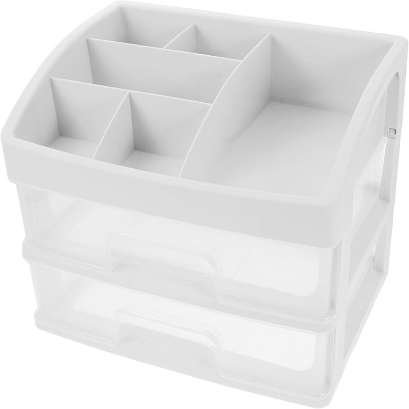 Desktop Makeup Organizer Drawer Case, 2-tier Plastic Storage Box, White Cosmetic Holder for Student Dormitory and Vanity Table - Image 1
