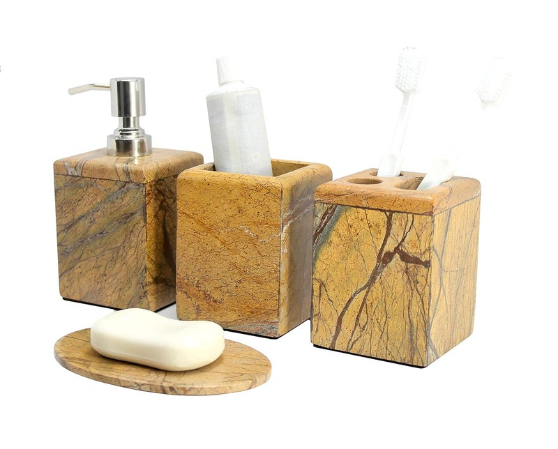 KLEO Natural Brown Sand Stone Bath Accessories Set Including Soap-Dispenser Toothbrush Holder Utility and Soap Dish - Pack of 4 - Image 1
