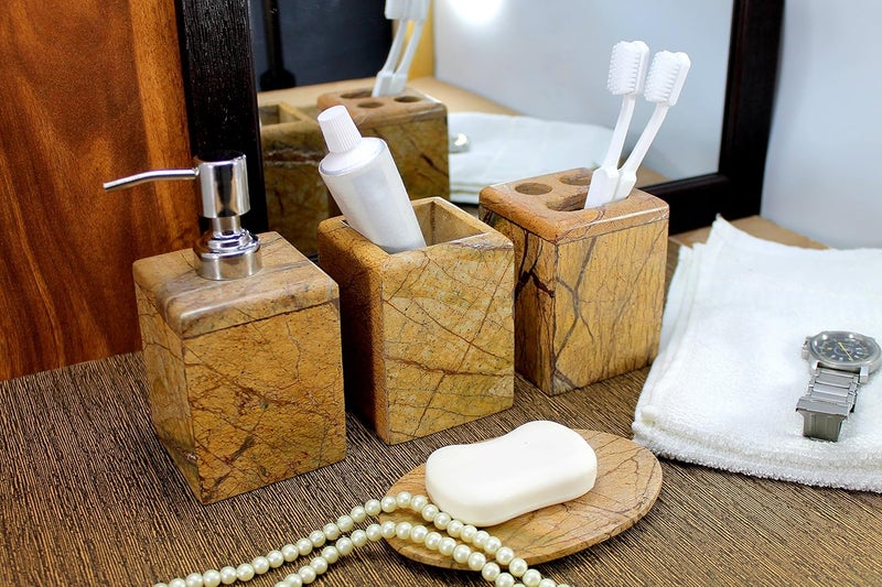 KLEO Natural Brown Sand Stone Bath Accessories Set Including Soap-Dispenser Toothbrush Holder Utility and Soap Dish - Pack of 4 - Image 2