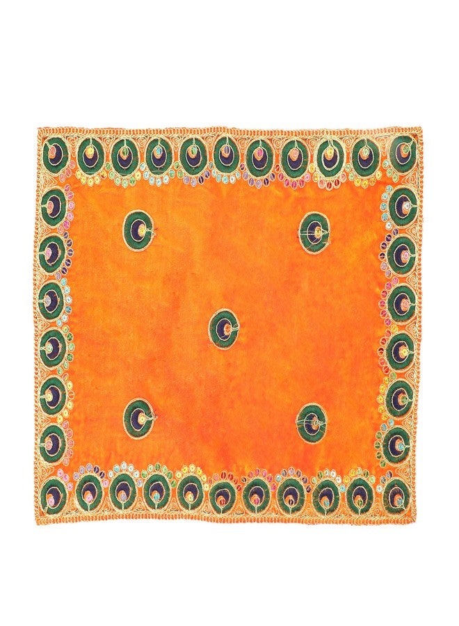 أديتري_كرييشن مجموعة من قطعتين من قماش بوجا المخملي المزخرف من آسان تشوناري (الحجم: - 25.4 سم × 17.78 سم) مادة تشوني بوجا الهندية التقليدية لهدايا العام الجديد مهرجان تشونري آسان لتمثال حصيرة تشوكي (برتقالي وأزرق) - Image 3