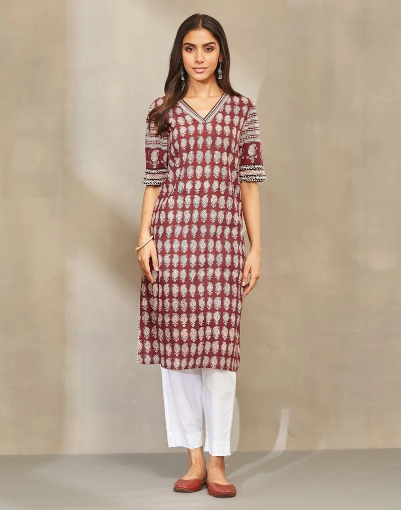 فاب انديا Maroon Cotton Bagh Knee Length Kurta