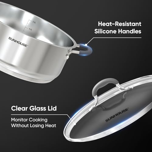 SUNHOUSE - 5.5 Quart Steamer Pots With Lid 2-Tier Multipurpose Stainless Steel Steaming Pot Cookware With Handle For Vegetable, Dumpling, Sauce, Food - Triple Bottom, Measurement Line - Image 4