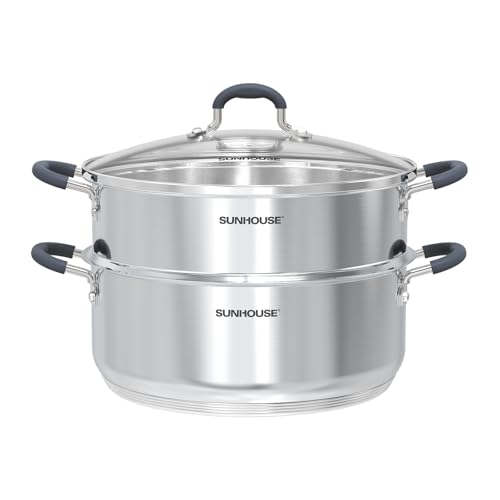 SUNHOUSE - 5.5 Quart Steamer Pots With Lid 2-Tier Multipurpose Stainless Steel Steaming Pot Cookware With Handle For Vegetable, Dumpling, Sauce, Food - Triple Bottom, Measurement Line - Image 1