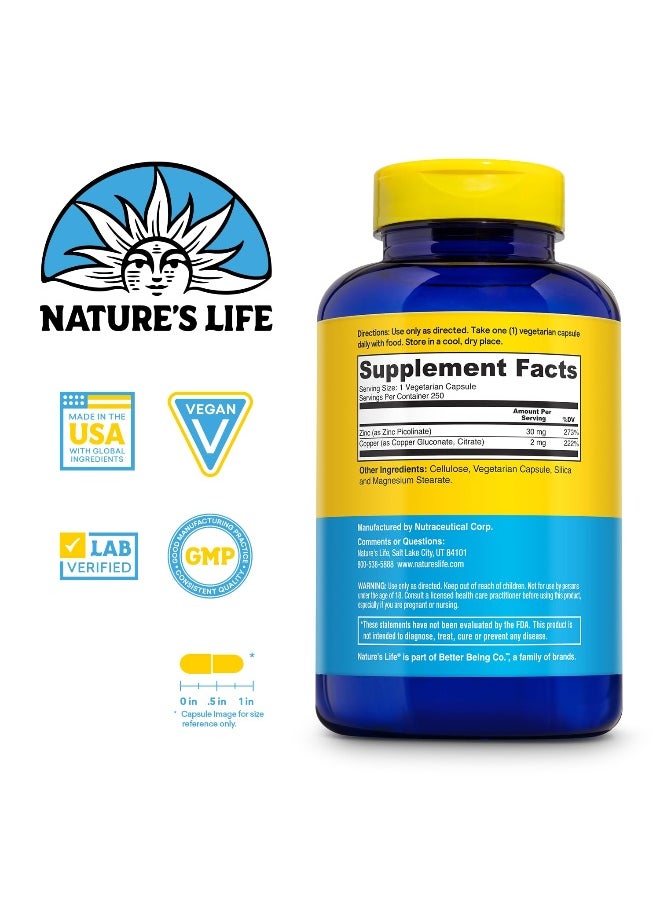 Nature's Life Zinc Picolinate 30mg Plus 2mg of Copper - Chelated Zinc Supplement for Immune, Cardiovascular, Skin, Cellular Function, and Muscle Support - 60-Day Guarantee - 250 Servings, 250 Capsules  - Image 2