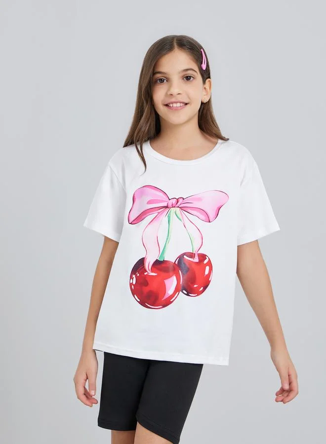 Styli Girls Cherry Print T-Shirt and Shorts Set
