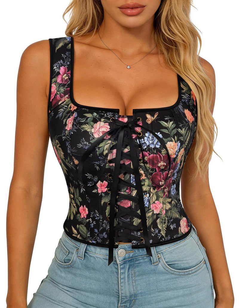 Scarlet Darkness Renaissance Corset Top for Women Boned Lace-up Overbust Bustier Corsets Black Multi Floral Size 12 - Image 1