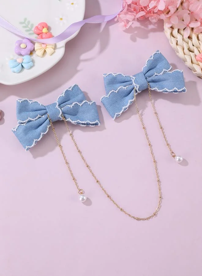 Take Two Blue Bow Hair Clips with Chain