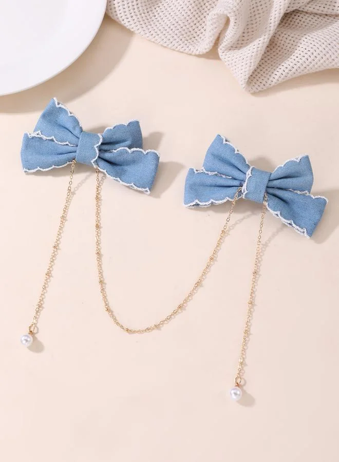 Take Two Blue Bow Hair Clips with Chain