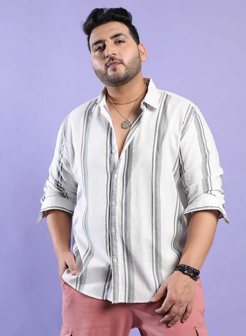 Instafab Plus Instafab Plus Men's White & Dark Grey Barcode Striped Shirt For Casual Wear | Spread Collar | Long Sleeve | Button Closure | Cotton Shirt Crafted With Comfort Fit For Everyday Wear