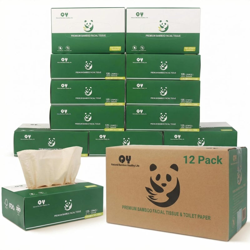 QingYa Unbleached Bamboo Facial Tissues - 12 Boxes of 100% Natural, Hypoallergenic, 134 Sheets per Box, FSC Certified, Eco - Friendly, Ultra - Soft & Gentle for Everyday Home and Office Use - Image 1