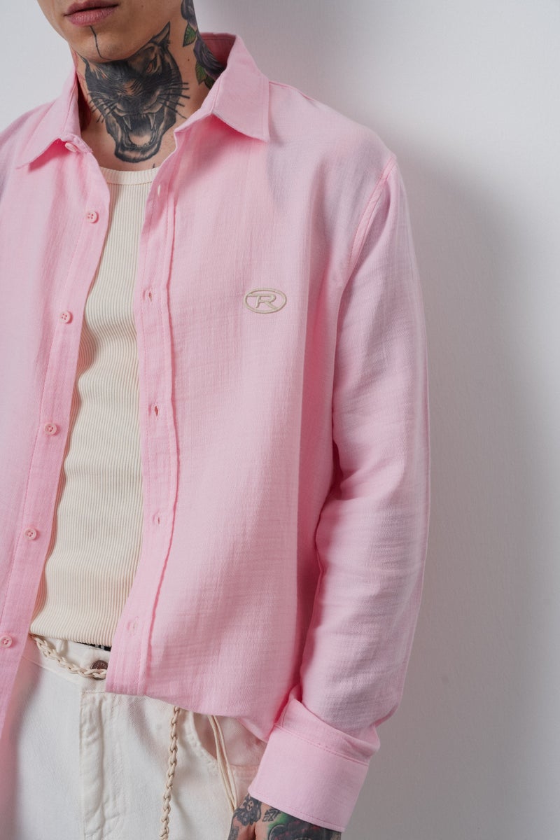 RESPIRE Men's R Embroidered Long-Sleeve Muslin Oversize Shirt Pink - Image 5