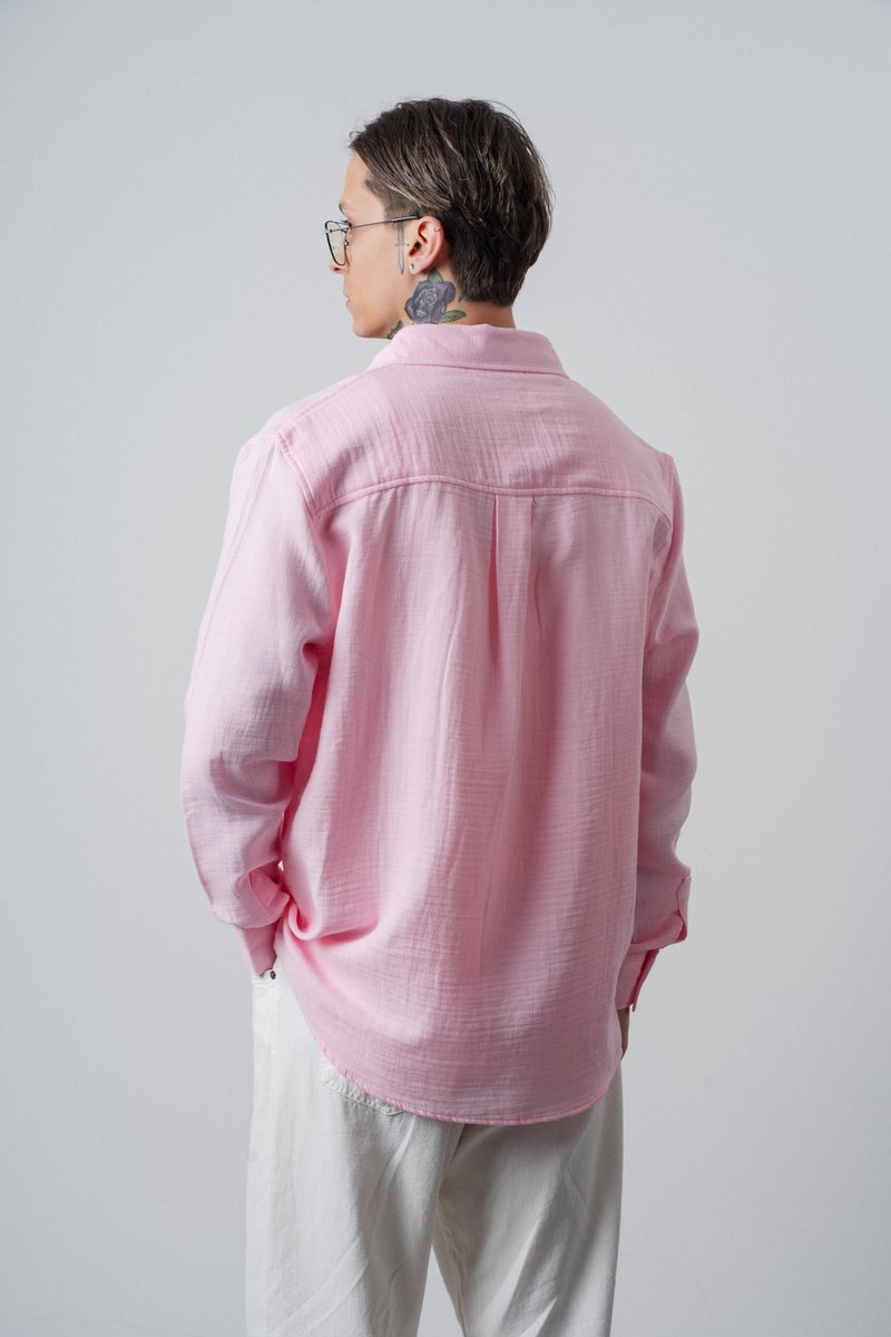 RESPIRE Men's R Embroidered Long-Sleeve Muslin Oversize Shirt Pink - Image 4