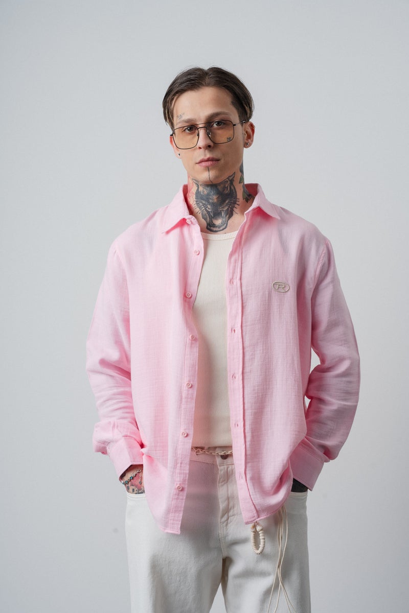 RESPIRE Men's R Embroidered Long-Sleeve Muslin Oversize Shirt Pink - Image 2