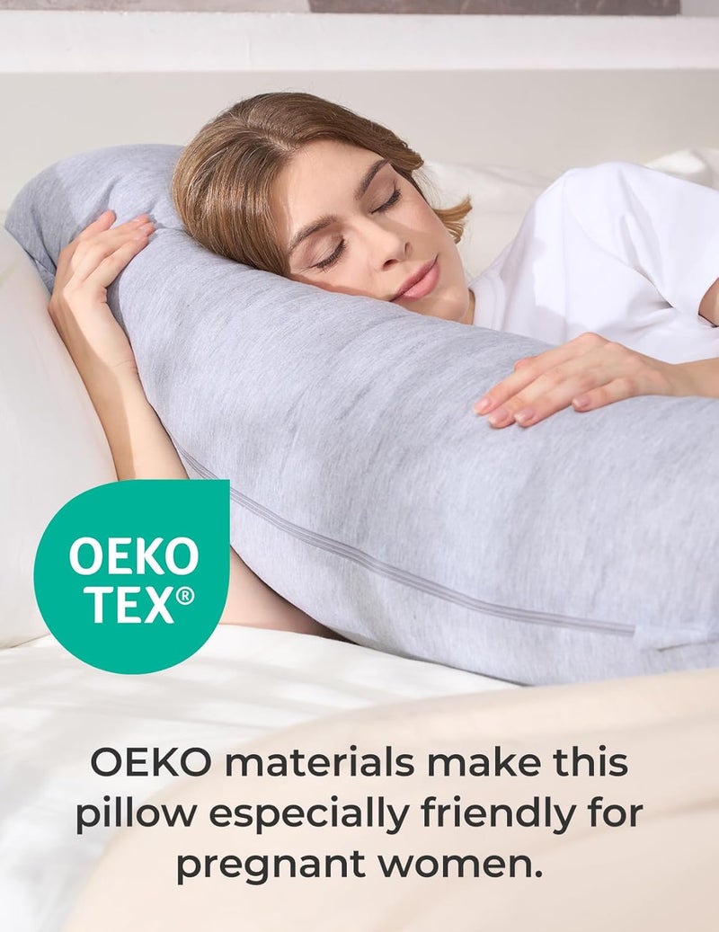 Momcozy وسائد الحمل من مومكوزي للنوم الجانبي على شكل حرف J وسادة جسم الأمومة الناعمة للحمل مع غطاء جيرسي لدعم الرأس والرقبة والبطن باللون الرمادي - Image 5