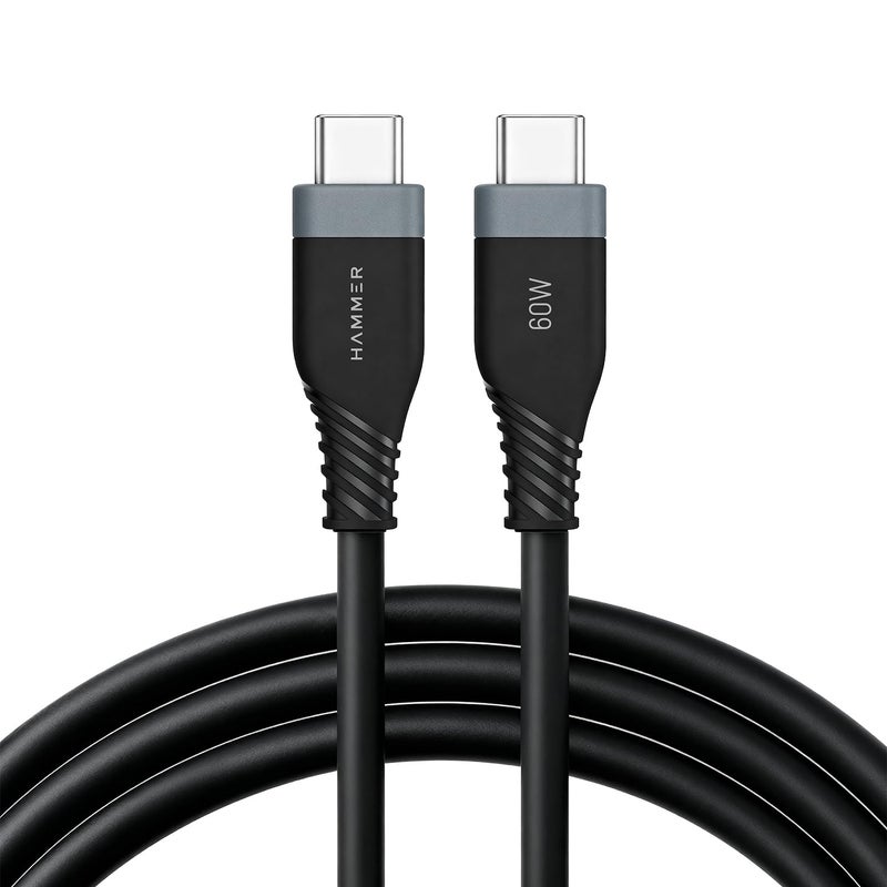 HAMMER Unbreakable Super Soft Silicone Fast Charging 60W Type-C to Type-C Cable (1.2m) – 480Mbps Data, Ultra Durable Tangle-Free, Pure Copper, iPhone/Samsung/Laptop Compatible – Black - Image 5