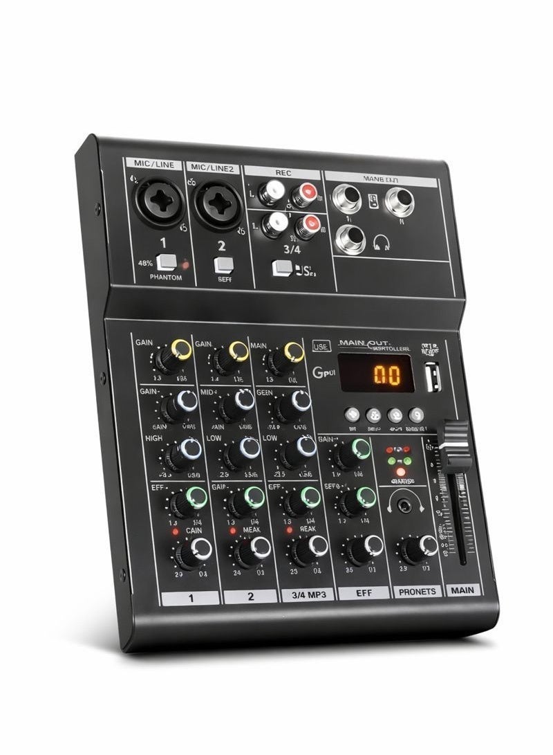 Professional Audio Mixer Sound Board Console System - 4 Channel -Bluetooth - USB MP3 Computer Input - 48V Phantom Power - Stereo DJ Studio Streaming FX 16-Bit DSP processor - Image 1