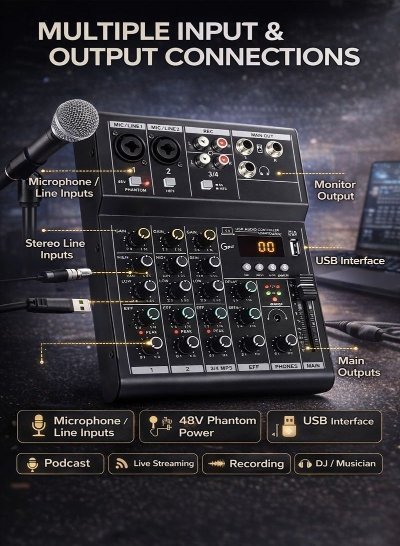 Professional Audio Mixer Sound Board Console System - 4 Channel -Bluetooth - USB MP3 Computer Input - 48V Phantom Power - Stereo DJ Studio Streaming FX 16-Bit DSP processor - Image 3