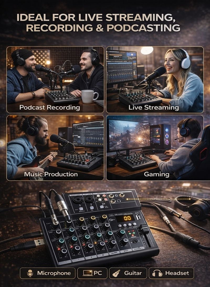 Professional Audio Mixer Sound Board Console System - 4 Channel -Bluetooth - USB MP3 Computer Input - 48V Phantom Power - Stereo DJ Studio Streaming FX 16-Bit DSP processor - Image 5