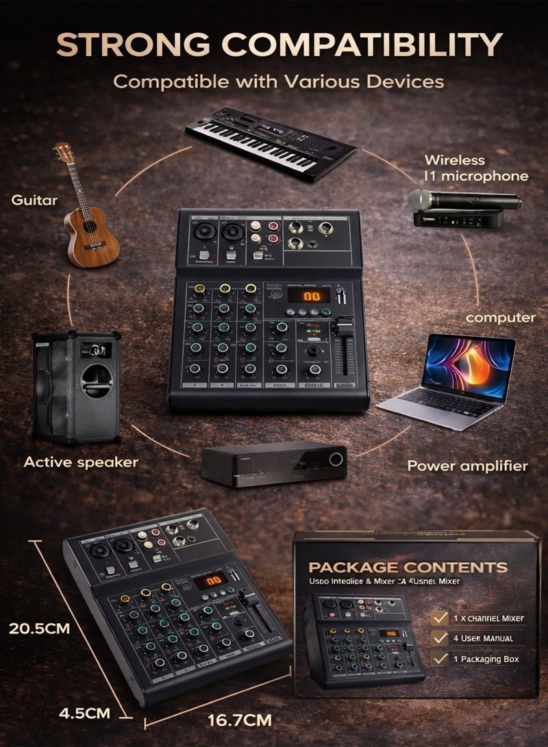 Professional Audio Mixer Sound Board Console System - 4 Channel -Bluetooth - USB MP3 Computer Input - 48V Phantom Power - Stereo DJ Studio Streaming FX 16-Bit DSP processor - Image 4