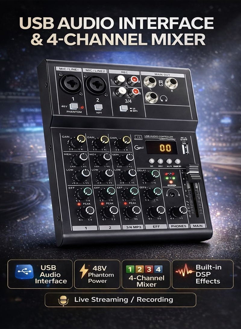 Professional Audio Mixer Sound Board Console System - 4 Channel -Bluetooth - USB MP3 Computer Input - 48V Phantom Power - Stereo DJ Studio Streaming FX 16-Bit DSP processor - Image 2