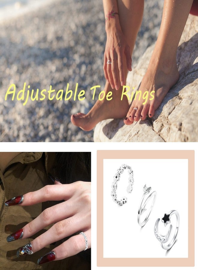 Staligue 20pcs Adjustable Toe Rings Set for Women Fingers Joint Tail Summer Beach Arrow Flower Open Rings Foot Jewelry (Silvery) - Image 2