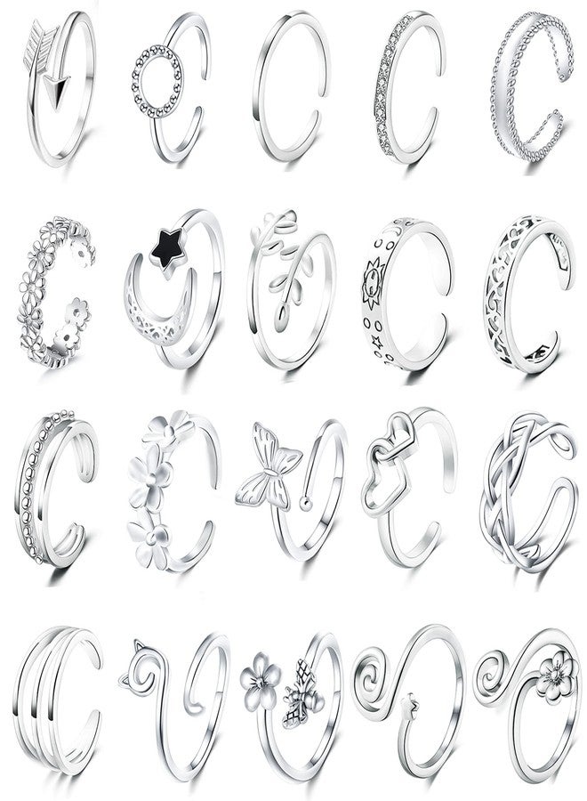 Staligue 20pcs Adjustable Toe Rings Set for Women Fingers Joint Tail Summer Beach Arrow Flower Open Rings Foot Jewelry (Silvery) - Image 1