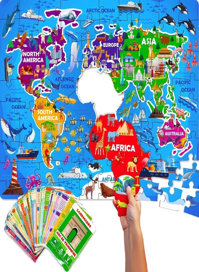 QUOKKA World Map Puzzles for Kids Ages 4-6 - 70 Pcs Floor Puzzles for Kids Ages 4-8 Preschool Activities - Includes 50 Cards with 400+ World Facts - Continent-Shaped Jigsaw Puzzle Gift for Girls Boys - Image 1