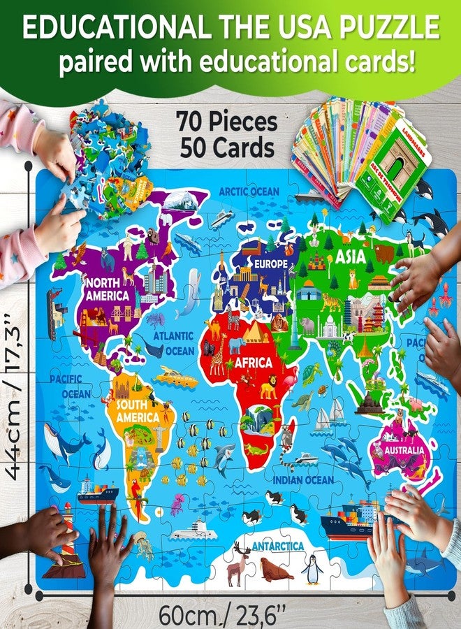 QUOKKA World Map Puzzles for Kids Ages 4-6 - 70 Pcs Floor Puzzles for Kids Ages 4-8 Preschool Activities - Includes 50 Cards with 400+ World Facts - Continent-Shaped Jigsaw Puzzle Gift for Girls Boys - Image 2