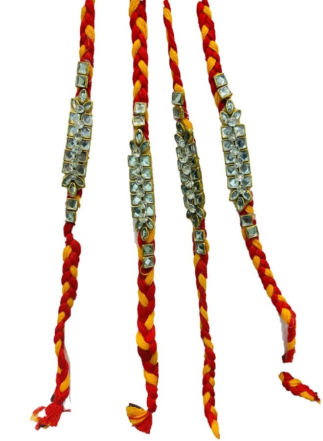 Moli Dhaga Rakhi Bracelet Set with kumdan stones for Girls and Boys, Set of 4 - Image 1