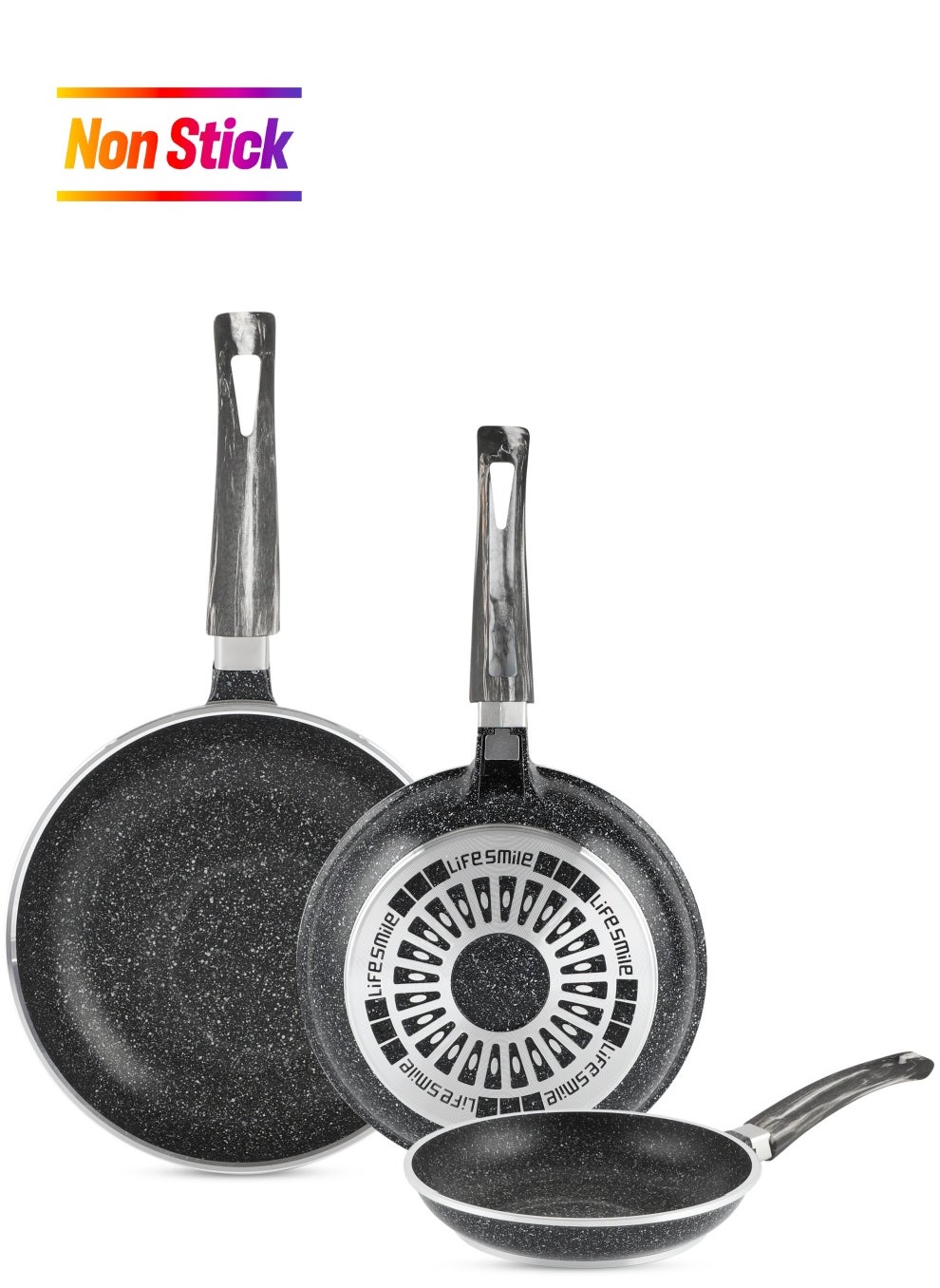 Life Smile Frying Pan Set - Multi Layer Granite Coating Fry Pan | Include 20 CM, 24 CM, 28 CM Non Stick Pan | Heat-Resistant Handle Hanging Loop 