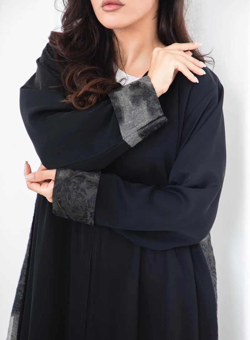 MSquare Fashion Black Nida and Turkey Organza Abaya with Floral Design and Sheila