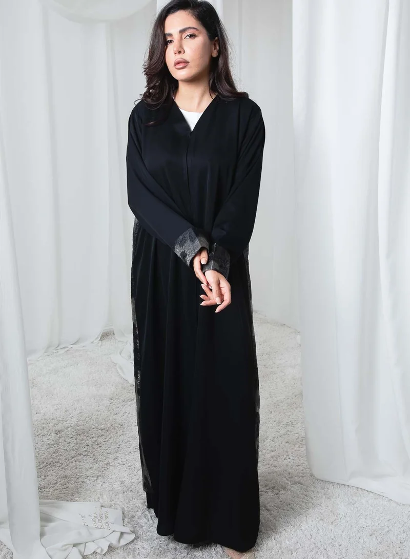 MSquare Fashion Black Nida and Turkey Organza Abaya with Floral Design and Sheila