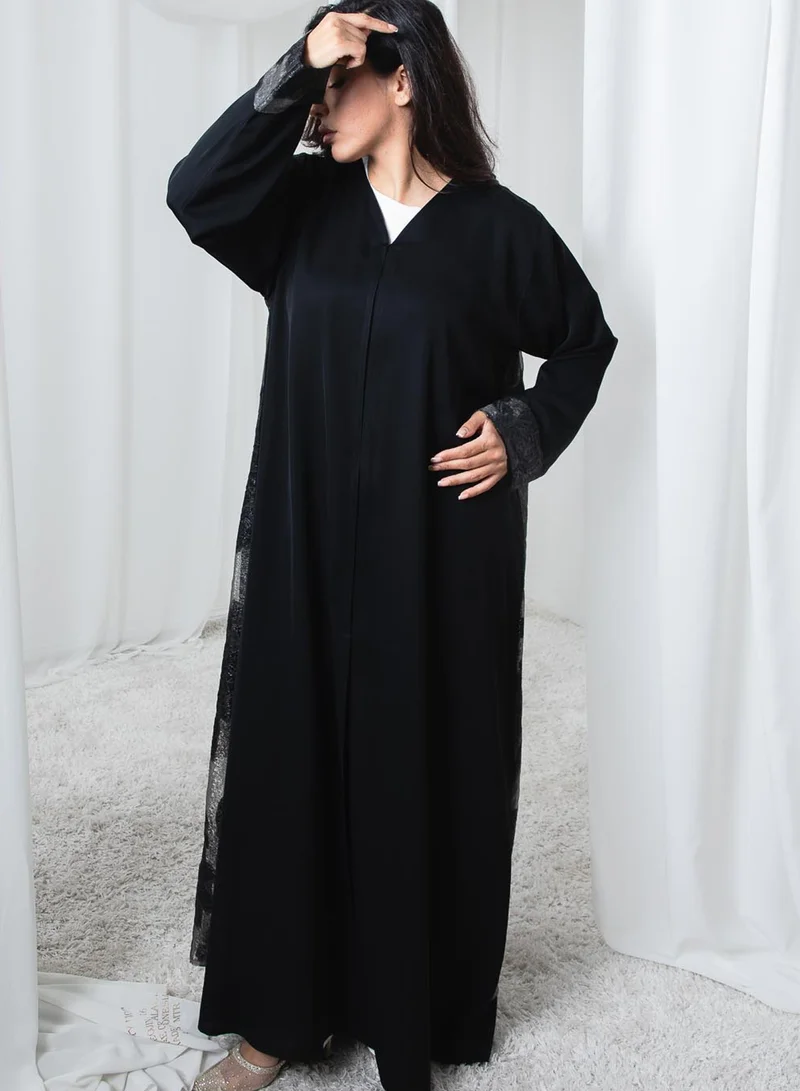 MSquare Fashion Black Nida and Turkey Organza Abaya with Floral Design and Sheila