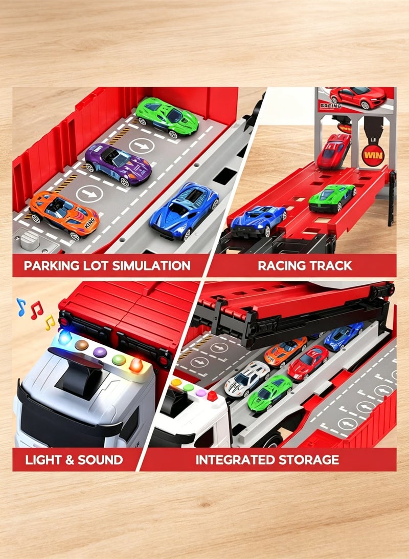 Race Car Track Toy Truck Toy with Slots & Foldable Race Tracks Transport Car Carrier Toy for Toddlers Cars Toy Set Container Truck Toy with 8 Alloy Cars Vehicles Toy Set for 3+ Kids Boys Girls - Image 3