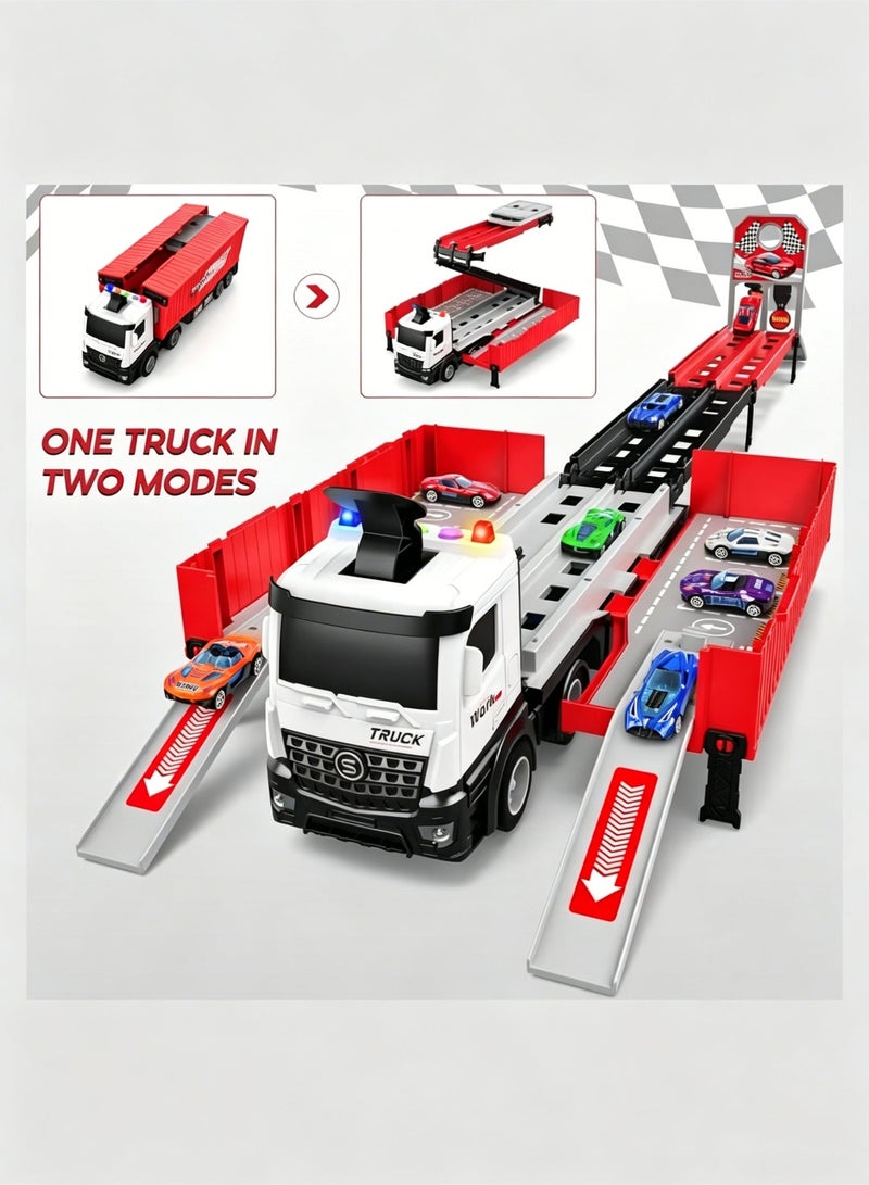 Race Car Track Toy Truck Toy with Slots & Foldable Race Tracks Transport Car Carrier Toy for Toddlers Cars Toy Set Container Truck Toy with 8 Alloy Cars Vehicles Toy Set for 3+ Kids Boys Girls - Image 5