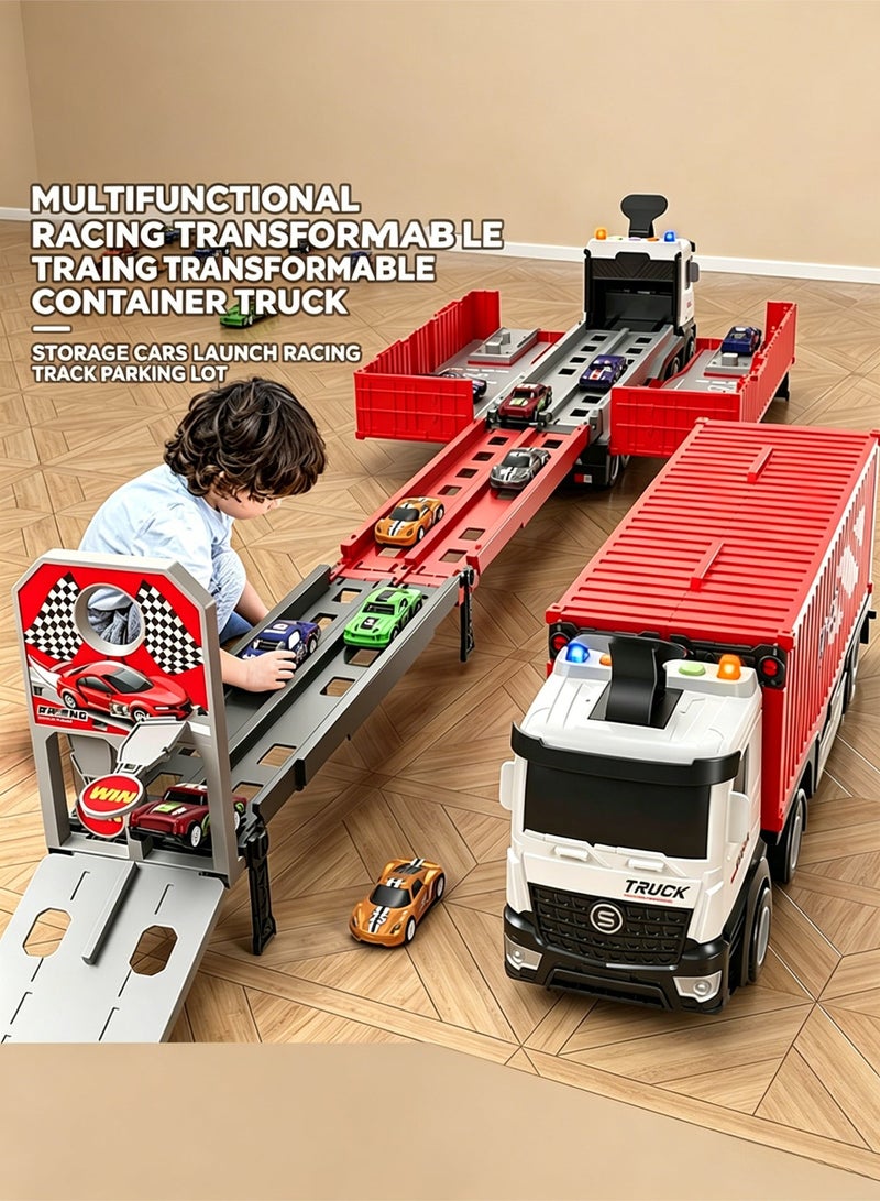 Race Car Track Toy Truck Toy with Slots & Foldable Race Tracks Transport Car Carrier Toy for Toddlers Cars Toy Set Container Truck Toy with 8 Alloy Cars Vehicles Toy Set for 3+ Kids Boys Girls - Image 1