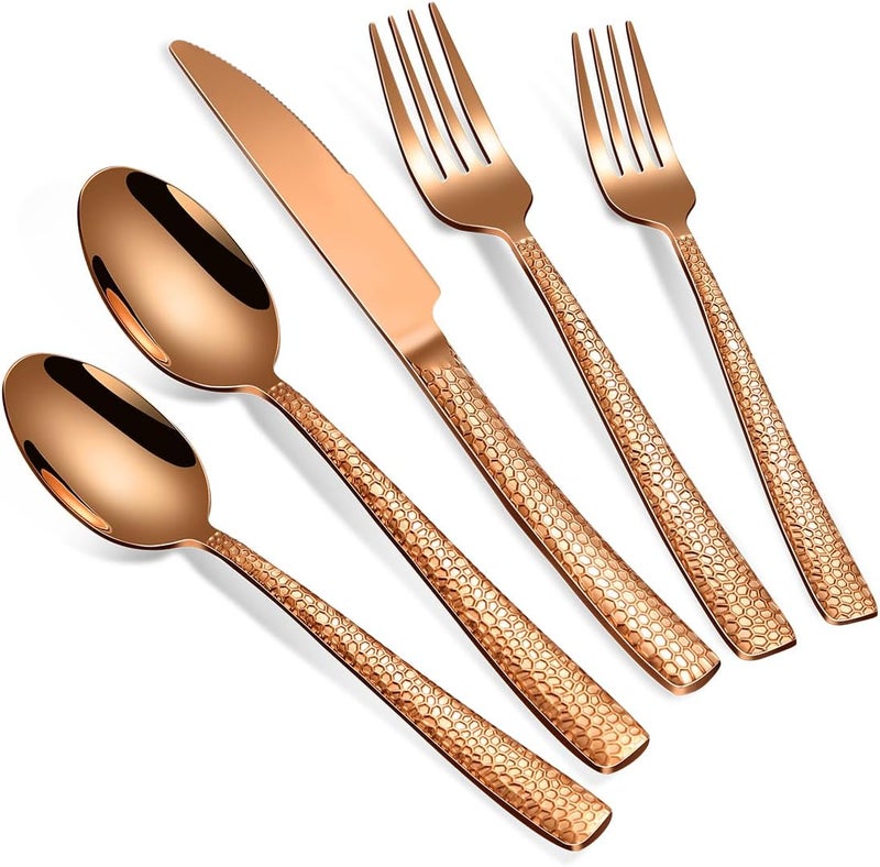 Remoxye 40Piece Silverware Set Rose Gold Hammered Stainless Steel Flatware Sets for 8 FoodGrade Tableware Set Including Fork Knife Spoon Set Home Kitchen Cutlery Sets Dishwasher Safe - Image 1