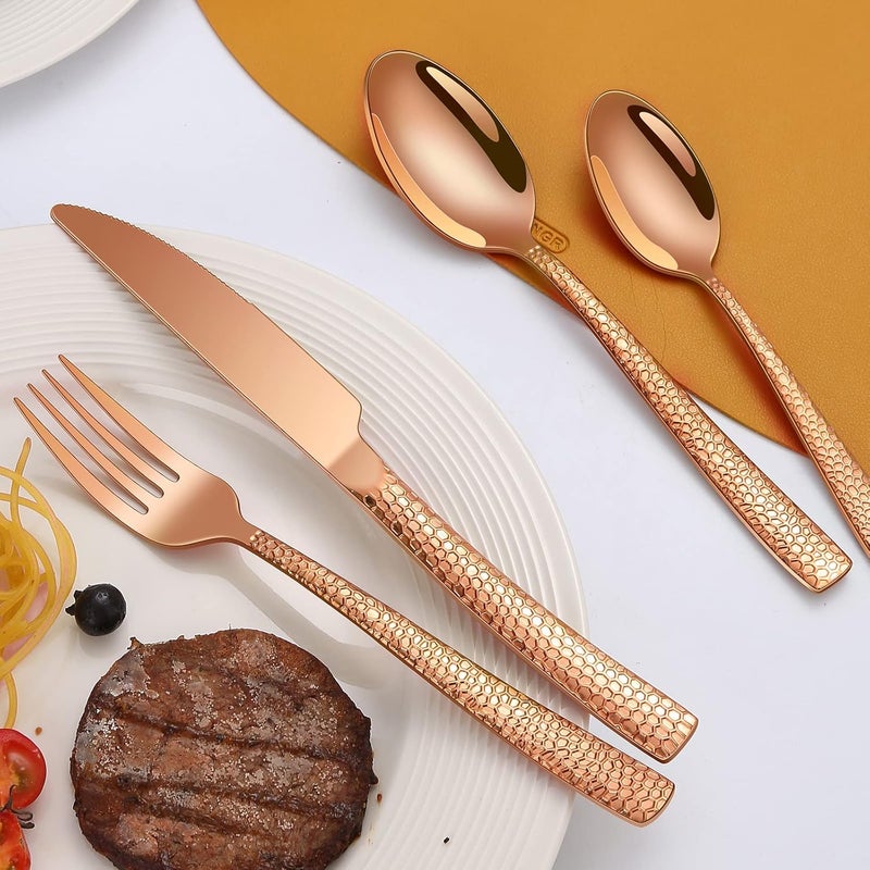 Remoxye 40Piece Silverware Set Rose Gold Hammered Stainless Steel Flatware Sets for 8 FoodGrade Tableware Set Including Fork Knife Spoon Set Home Kitchen Cutlery Sets Dishwasher Safe - Image 4
