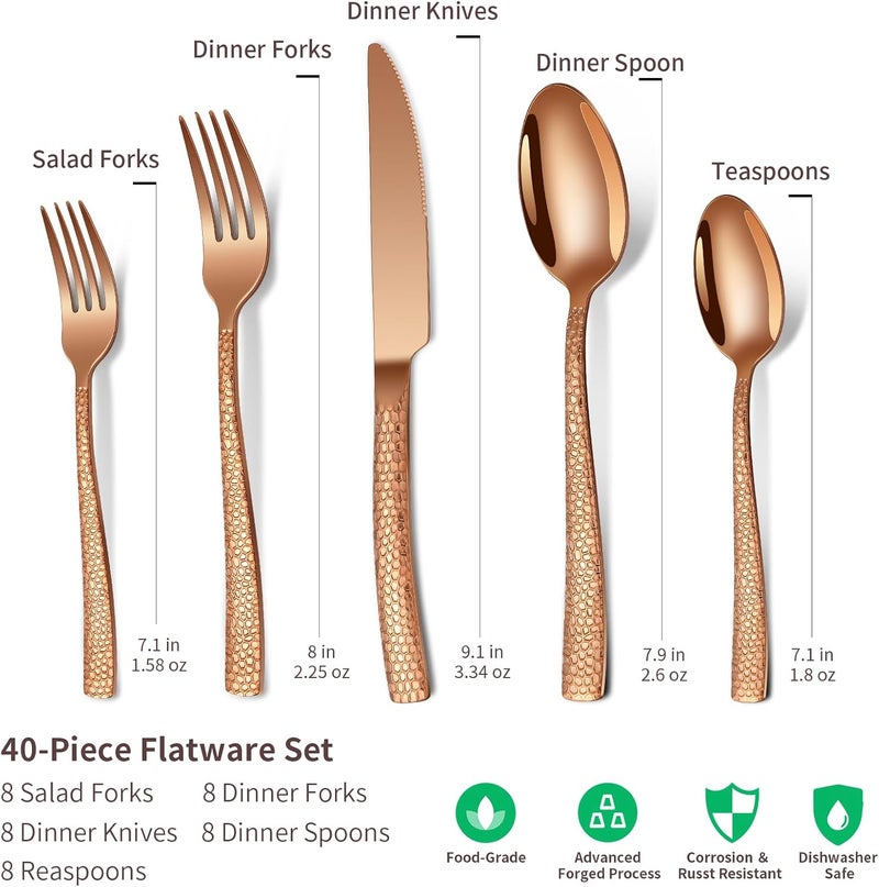Remoxye 40Piece Silverware Set Rose Gold Hammered Stainless Steel Flatware Sets for 8 FoodGrade Tableware Set Including Fork Knife Spoon Set Home Kitchen Cutlery Sets Dishwasher Safe - Image 2