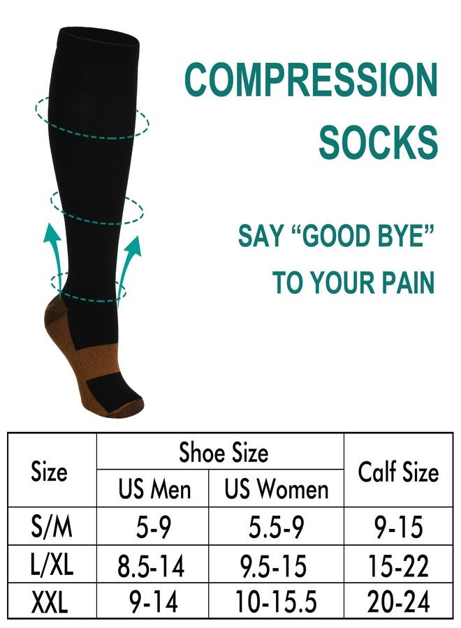 Double Couple 7 Pairs Copper Compression Socks for Men Women 20-30 mmHg Knee High Stockings, XX-Large, Black - Image 2