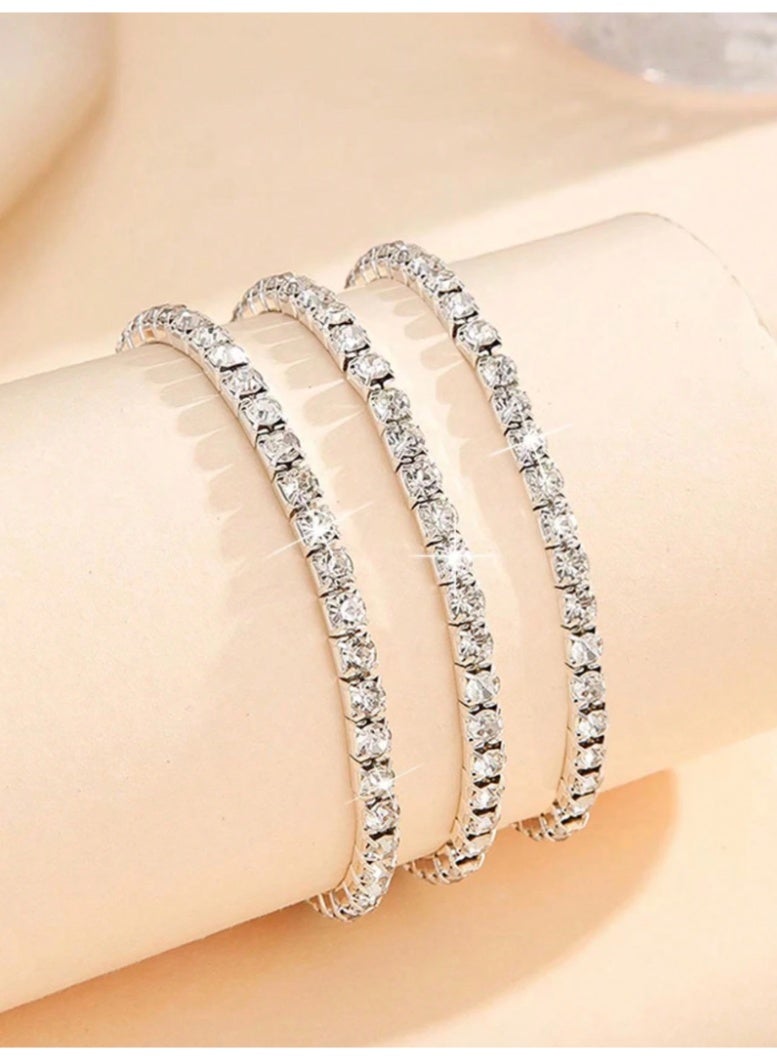 SHEIN 3pcs Sparkling Crystal Rhinestone Elastic Silver Bangle Bracelets For Party And Formal Occasions - Image 2