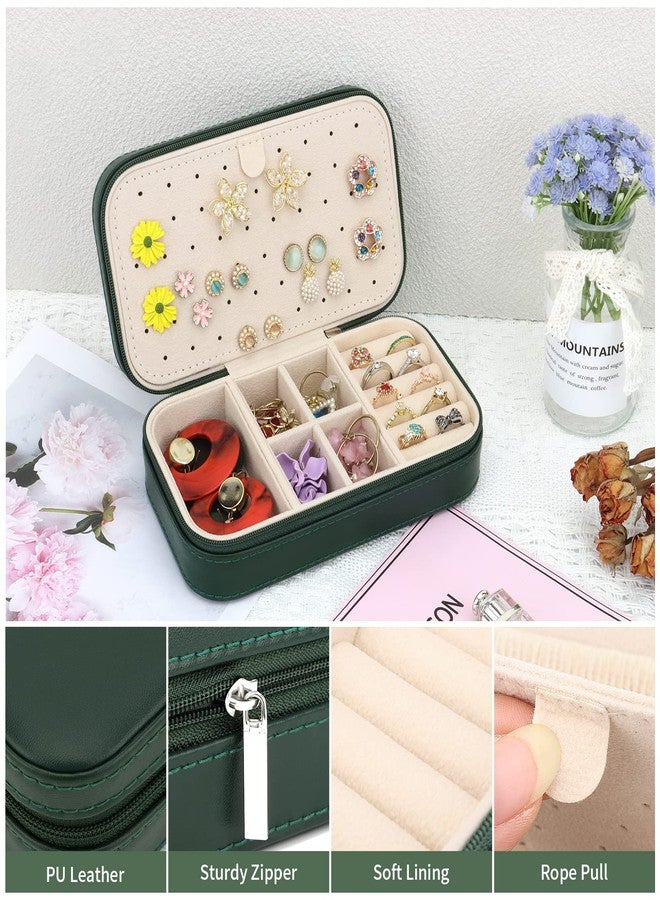 DesignSter Travel Jewelry Box, PU Leather Portable Jewelry Case, Small Jewelry Boxes for Gifts, Travel Jewelry Organizer for Women Rings Earrings Necklaces Bracelets (Dark Green) - Image 3